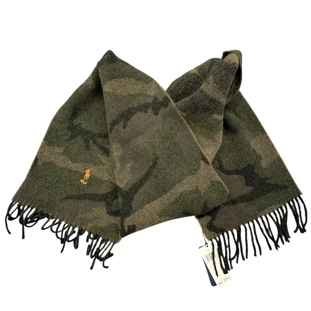 Polo Ralph Lauren Wool Scarf Mens Green Woodland Camo Pony Logo 10x68 Italy NWT